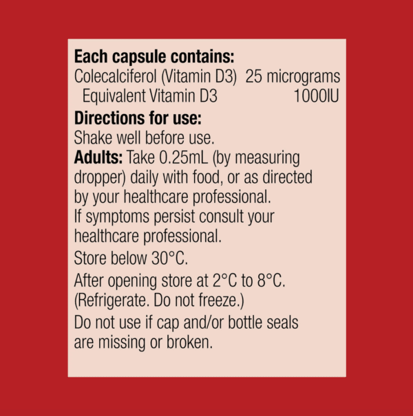 A red label on Vitamin D3 90ml Liquid displays black and white text with dosage instructions, "shake well" direction, storage temperature, and warnings about broken or missing seals.